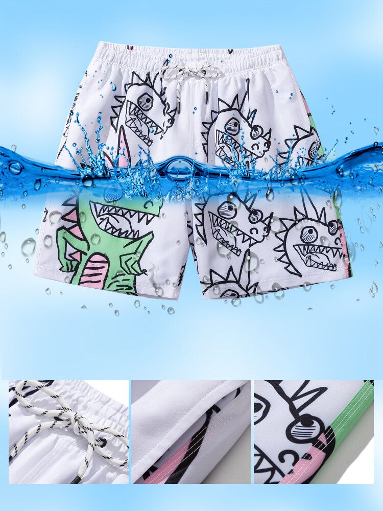 Shorts De Playa Con Cordón De Secado Rápido Con Estampado De Dinosaurio De Dibujos Animados Para Hombre