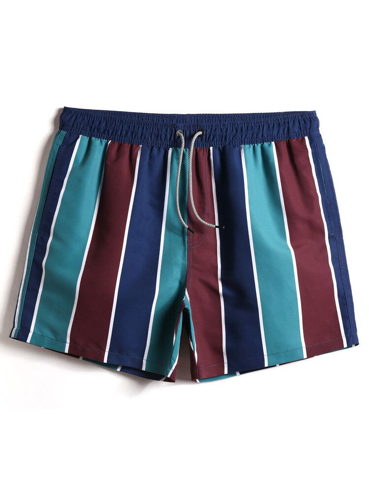 Shorts De Playa Con Cordón De Secado Rápido Y Rayas Para Hombre Con Bolsillo