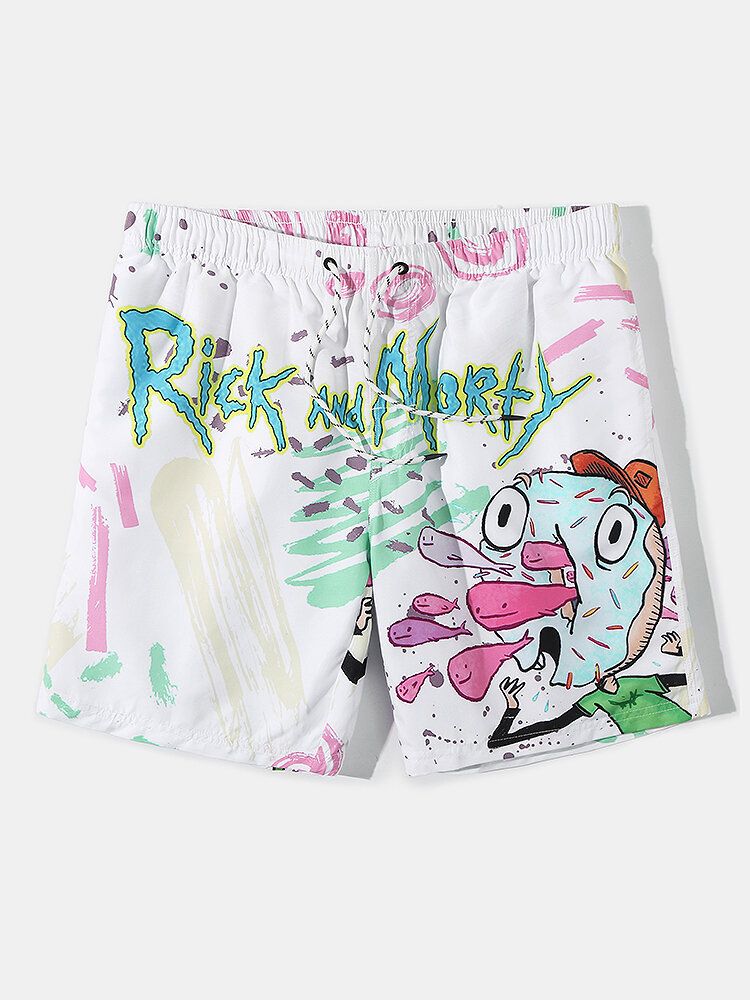 Shorts De Playa Con Cordón Y Estampado De Graffiti De Dibujos Animados De Secado Rápido Para Hombre Con Bolsillo