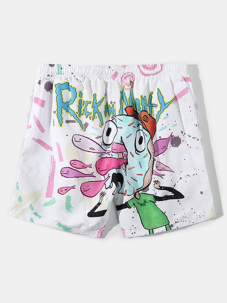 Shorts De Playa Con Cordón Y Estampado De Graffiti De Dibujos Animados De Secado Rápido Para Hombre Con Bolsillo