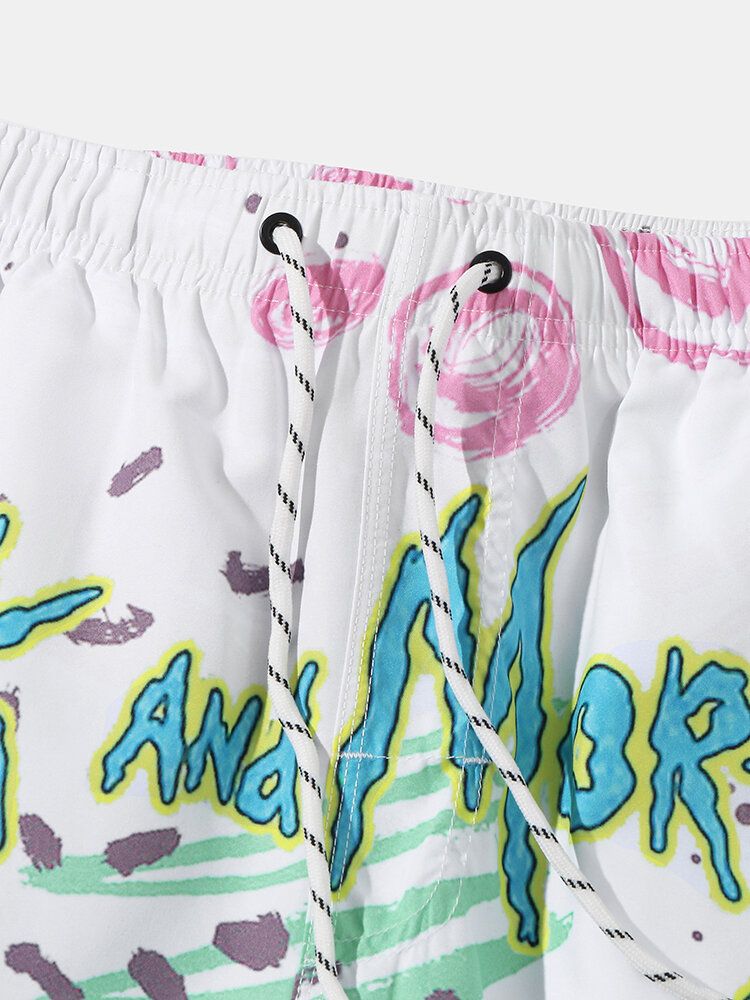 Shorts De Playa Con Cordón Y Estampado De Graffiti De Dibujos Animados De Secado Rápido Para Hombre Con Bolsillo