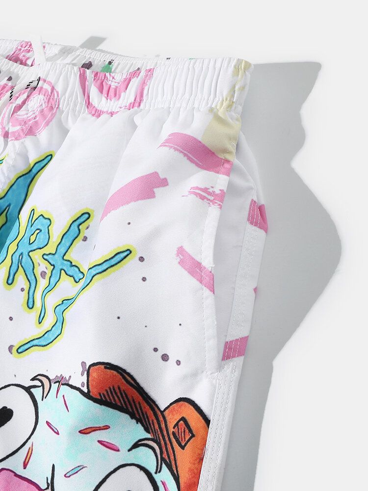 Shorts De Playa Con Cordón Y Estampado De Graffiti De Dibujos Animados De Secado Rápido Para Hombre Con Bolsillo