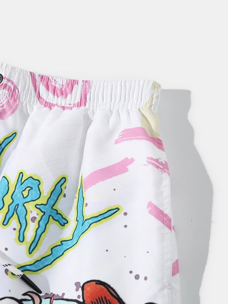 Shorts De Playa Con Cordón Y Estampado De Graffiti De Dibujos Animados De Secado Rápido Para Hombre Con Bolsillo