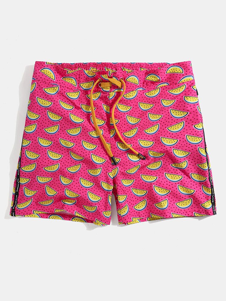 Shorts De Playa Con Cordón Y Forro De Malla Con Estampado De Frutas Para Hombre Con Bolsillo