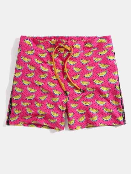 Shorts De Playa Con Cordón Y Forro De Malla Con Estampado De Frutas Para Hombre Con Bolsillo