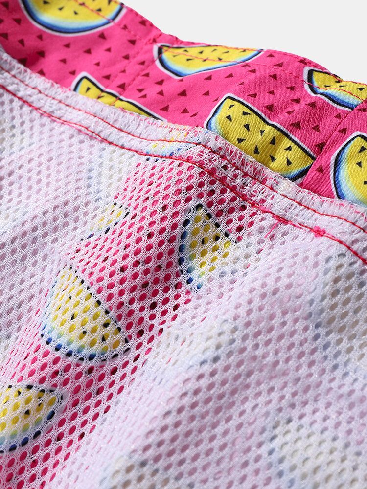 Shorts De Playa Con Cordón Y Forro De Malla Con Estampado De Frutas Para Hombre Con Bolsillo