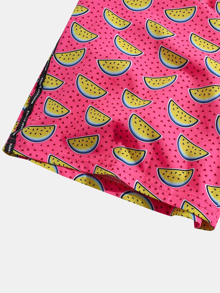 Shorts De Playa Con Cordón Y Forro De Malla Con Estampado De Frutas Para Hombre Con Bolsillo