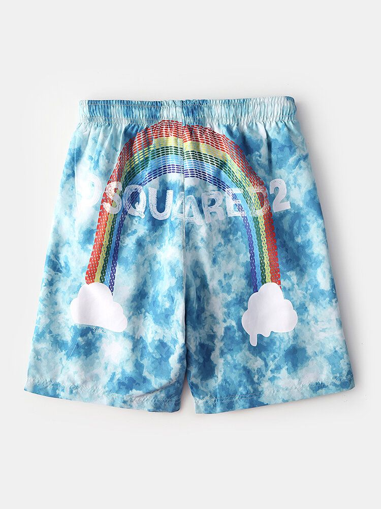 Tie-dye Hombre Letter Rainbow Print Mesh Transpirable Drawstring Casual Board Shorts