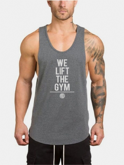 5 Colores Algodón Para Hombre Texto Transpirable Estampado Sin Mangas Fitness Workout Tank Tops