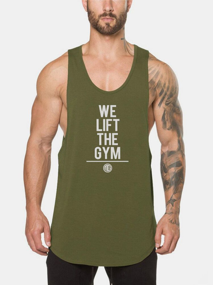 5 Colores Algodón Para Hombre Texto Transpirable Estampado Sin Mangas Fitness Workout Tank Tops