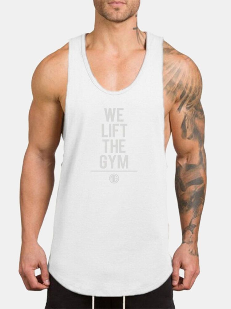 5 Colores Algodón Para Hombre Texto Transpirable Estampado Sin Mangas Fitness Workout Tank Tops