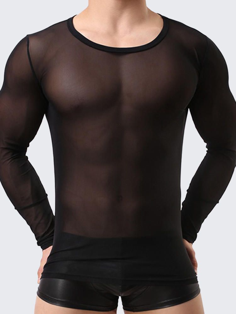 Camiseta De Cuello Redondo Transpirable Transparente Delgada Sexy Camiseta De Manga Larga Neta Informal Para Hombre