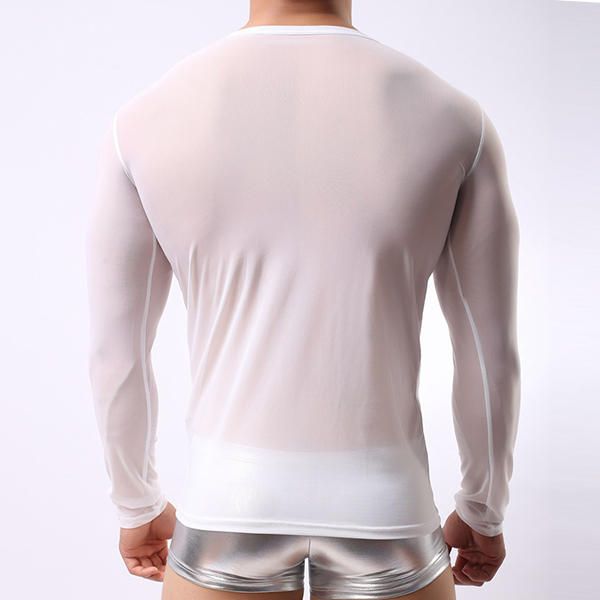 Camiseta De Cuello Redondo Transpirable Transparente Delgada Sexy Camiseta De Manga Larga Neta Informal Para Hombre