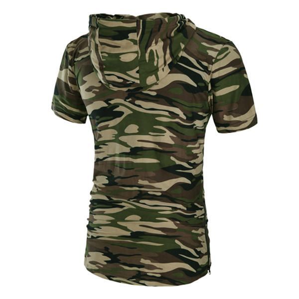 Camiseta Larga Informal Con Capucha Para Hombre De Verano Camiseta Deportiva De Camuflaje Con Mangas Cortas