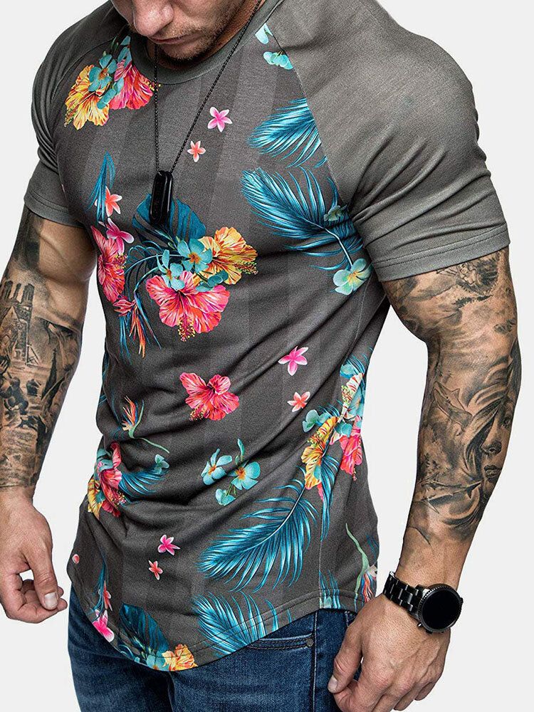 Camisetas De Manga Corta De Entrenamiento De Fitness Con Mangas Raglán Con Estampado Floral Para Hombre