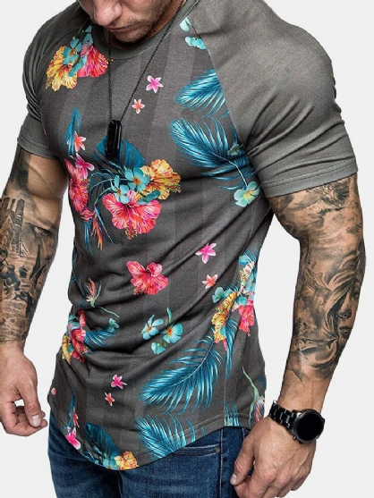 Camisetas De Manga Corta De Entrenamiento De Fitness Con Mangas Raglán Con Estampado Floral Para Hombre