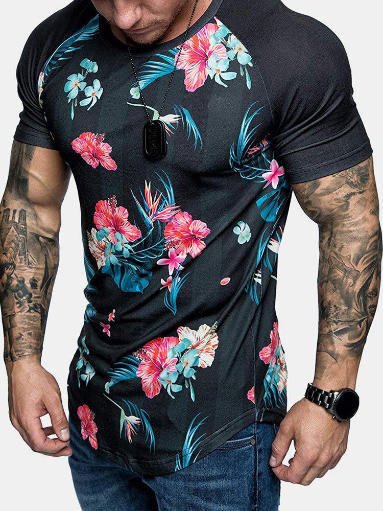 Camisetas De Manga Corta De Entrenamiento De Fitness Con Mangas Raglán Con Estampado Floral Para Hombre