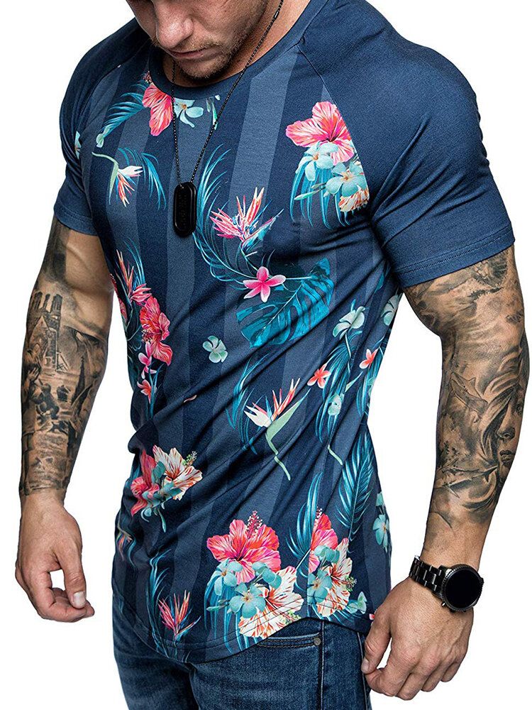 Camisetas De Manga Corta De Entrenamiento De Fitness Con Mangas Raglán Con Estampado Floral Para Hombre