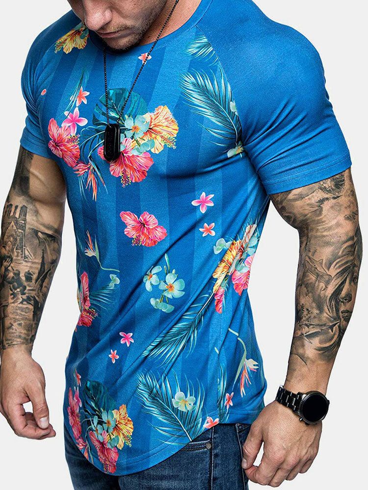 Camisetas De Manga Corta De Entrenamiento De Fitness Con Mangas Raglán Con Estampado Floral Para Hombre