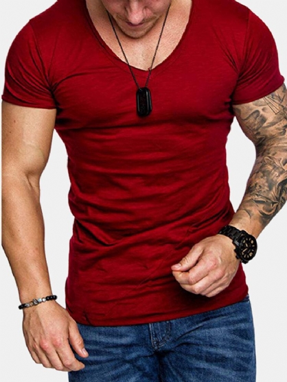 Camisetas De Manga Corta Transpirables Con Cuello En V De Color Sólido Para Hombre