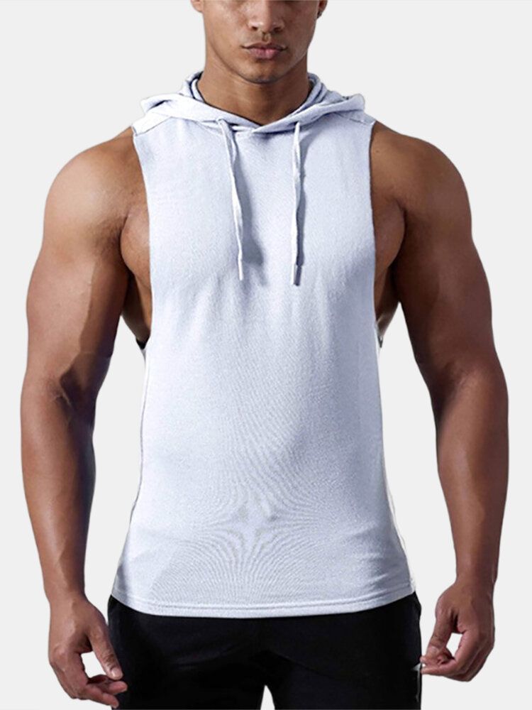 Camisetas Sin Mangas Deportivas Sin Mangas Con Capucha De Color Sólido De Algodón Informal Para Hombre