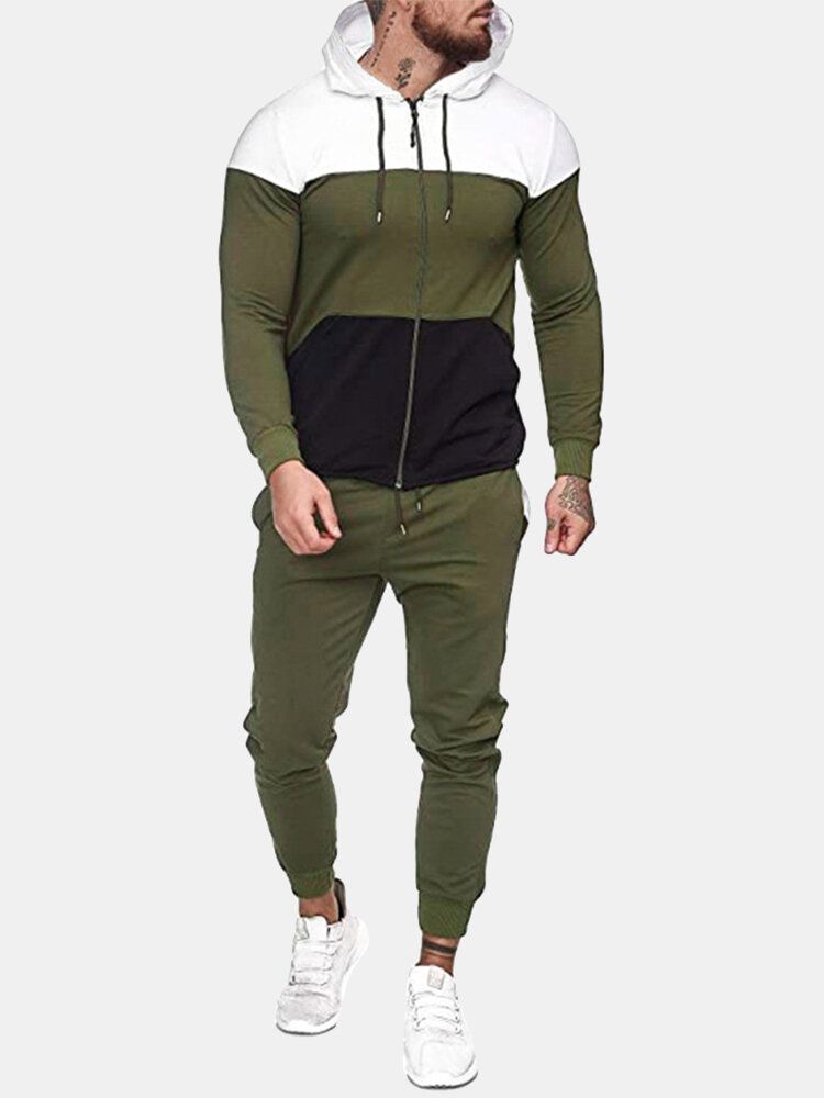 Chaqueta Con Capucha De Retazos Tricolor Para Hombre Pantalones De Chándal Con Cordón Conjunto Deportivo De Dos Piezas