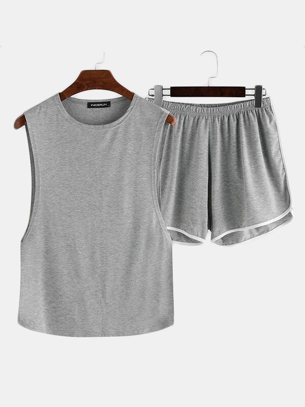 Conjunto De Pijamas Sueltos Para Hombre Camisetas Sin Mangas Con Abertura Lateral Pantalones Cortos Finos Y Transpirables Traje De Salón Liso