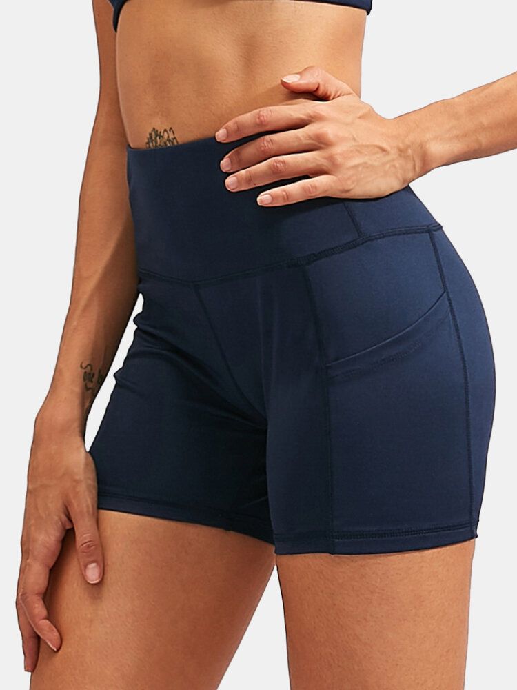 Fitness Yoga Mujer Elasticidad Pantalones Cortos Deportivos De Cintura Alta De Color Sólido De Secado Rápido