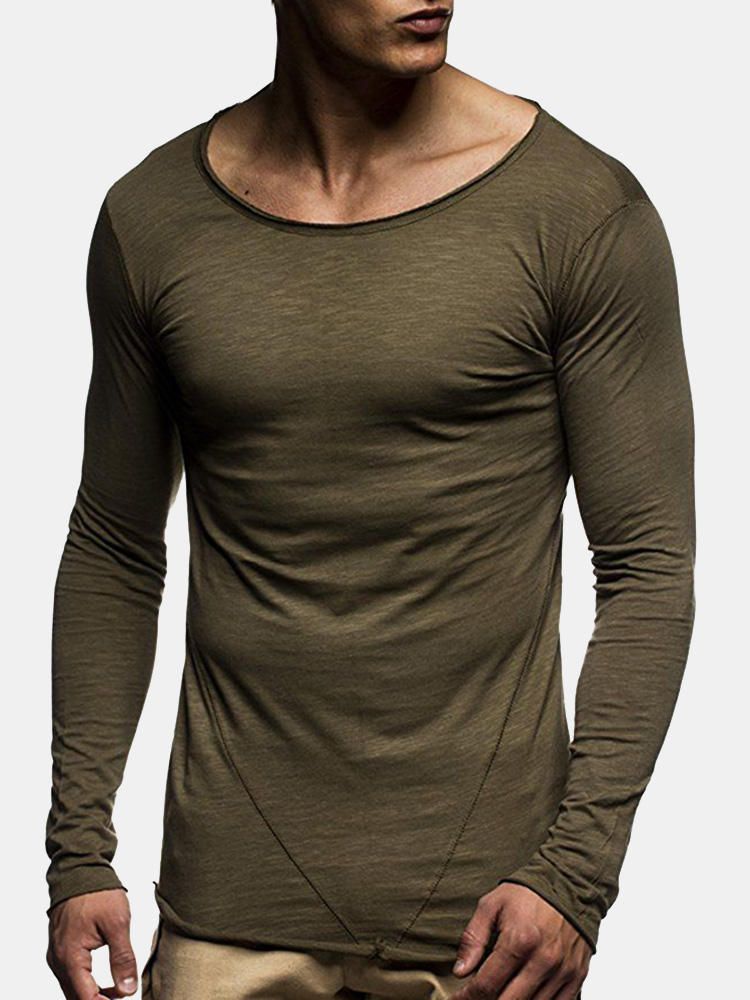 Moda Para Hombre Color Sólido Delgado O-cuello Manga Larga Slim Fit Casual Camisetas Suaves