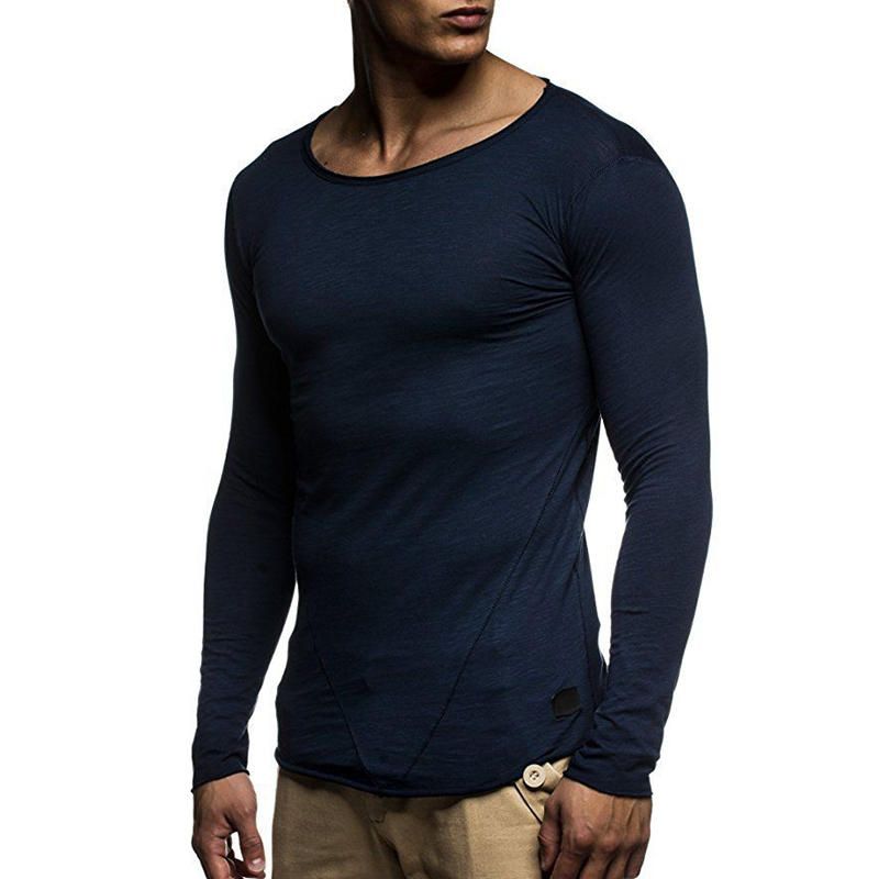 Moda Para Hombre Color Sólido Delgado O-cuello Manga Larga Slim Fit Casual Camisetas Suaves