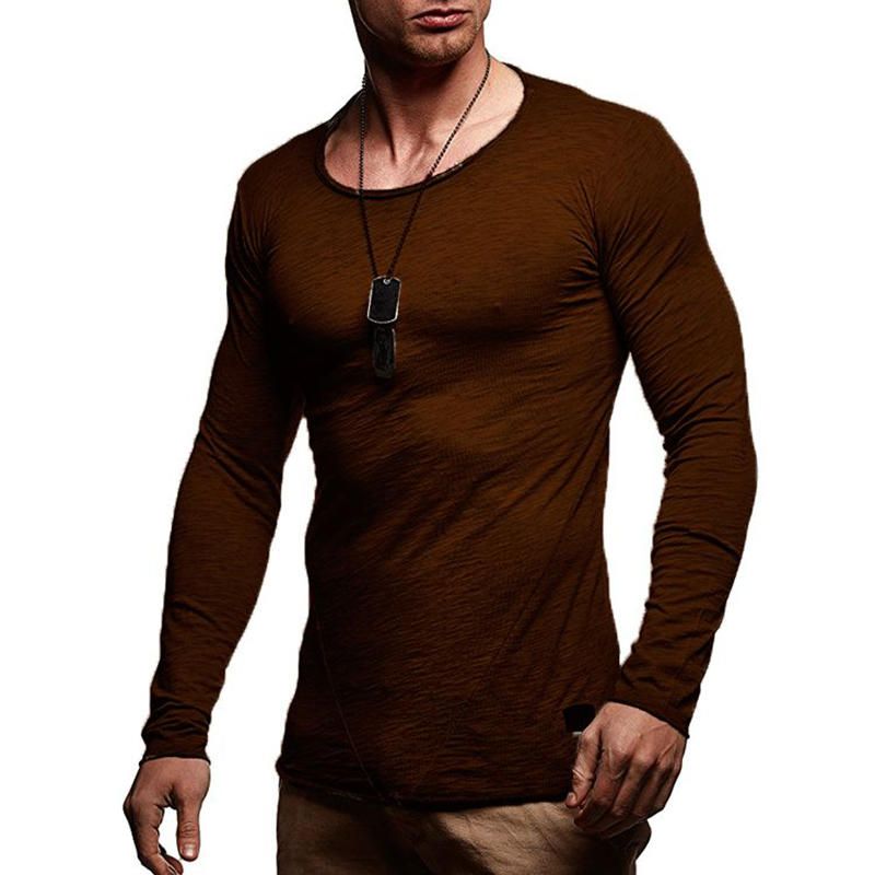 Moda Para Hombre Color Sólido Delgado O-cuello Manga Larga Slim Fit Casual Camisetas Suaves