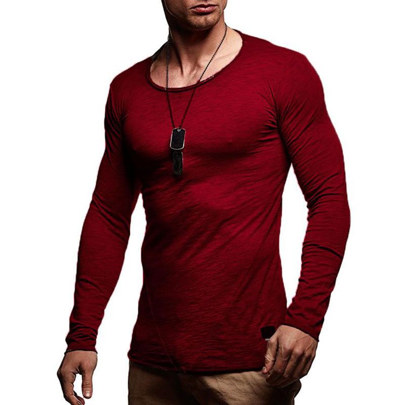 Moda Para Hombre Color Sólido Delgado O-cuello Manga Larga Slim Fit Casual Camisetas Suaves