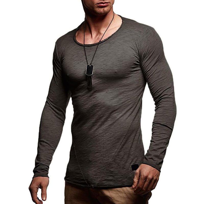 Moda Para Hombre Color Sólido Delgado O-cuello Manga Larga Slim Fit Casual Camisetas Suaves