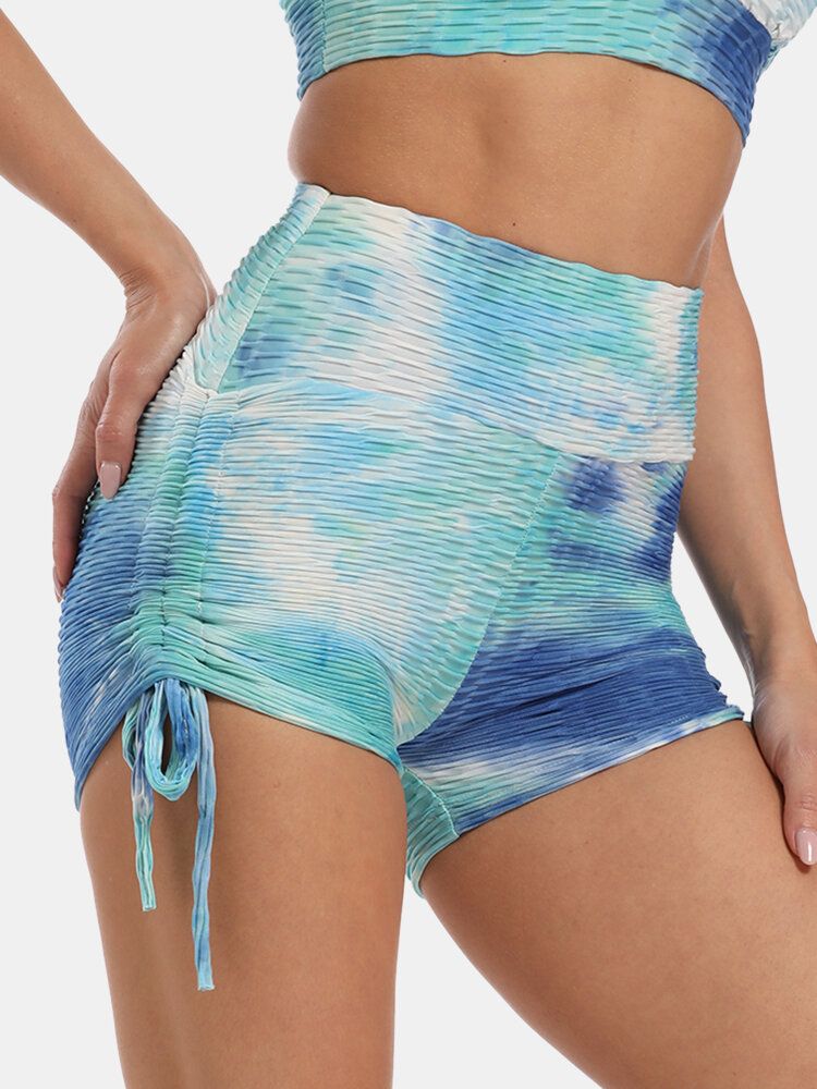 Mujeres Tie Dye Jacquard Side Drawstring Yoga Soprt Shorts De Cintura Alta