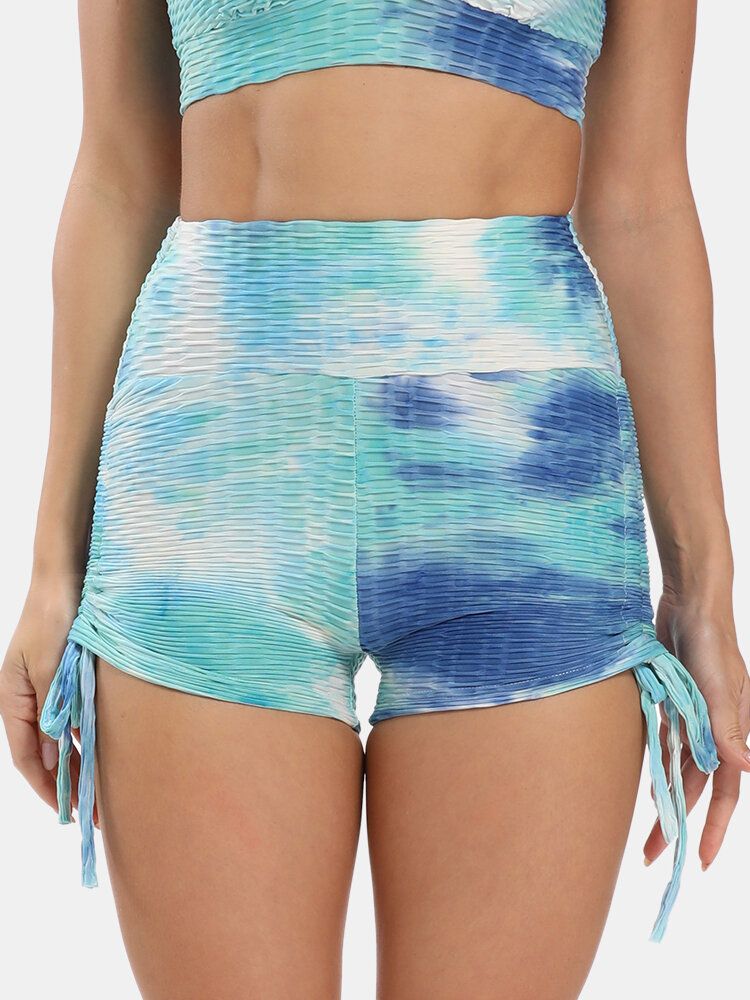 Mujeres Tie Dye Jacquard Side Drawstring Yoga Soprt Shorts De Cintura Alta