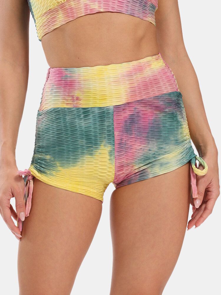 Mujeres Tie Dye Jacquard Side Drawstring Yoga Soprt Shorts De Cintura Alta