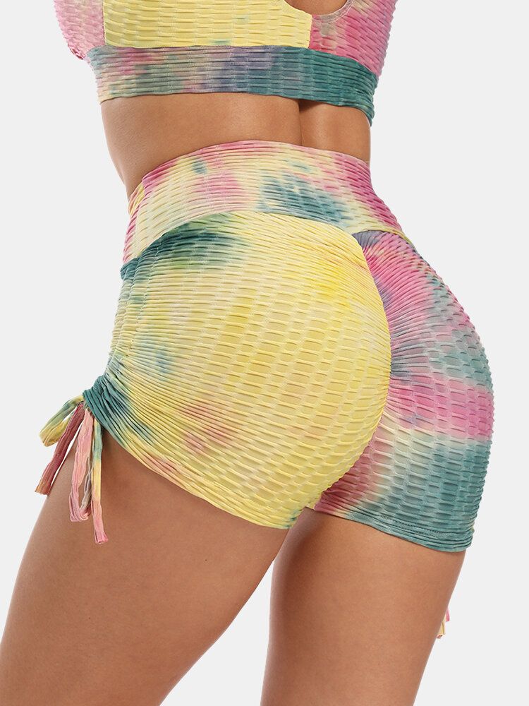 Mujeres Tie Dye Jacquard Side Drawstring Yoga Soprt Shorts De Cintura Alta