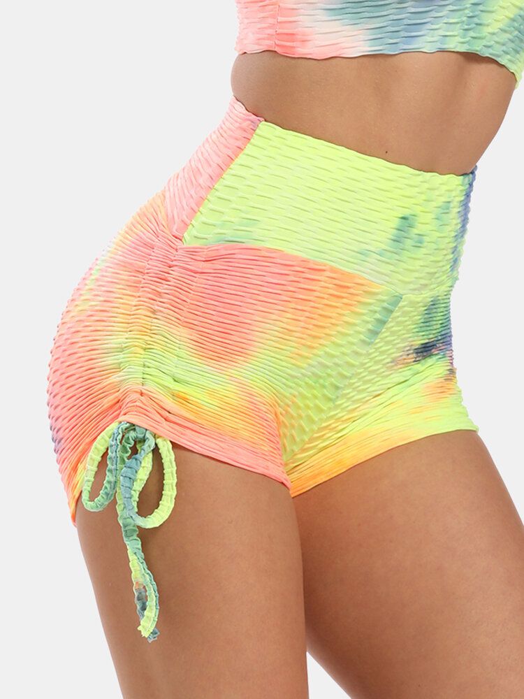 Mujeres Tie Dye Jacquard Side Drawstring Yoga Soprt Shorts De Cintura Alta