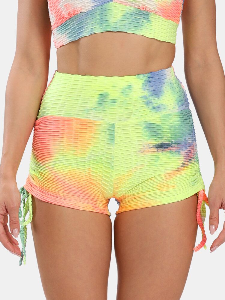 Mujeres Tie Dye Jacquard Side Drawstring Yoga Soprt Shorts De Cintura Alta