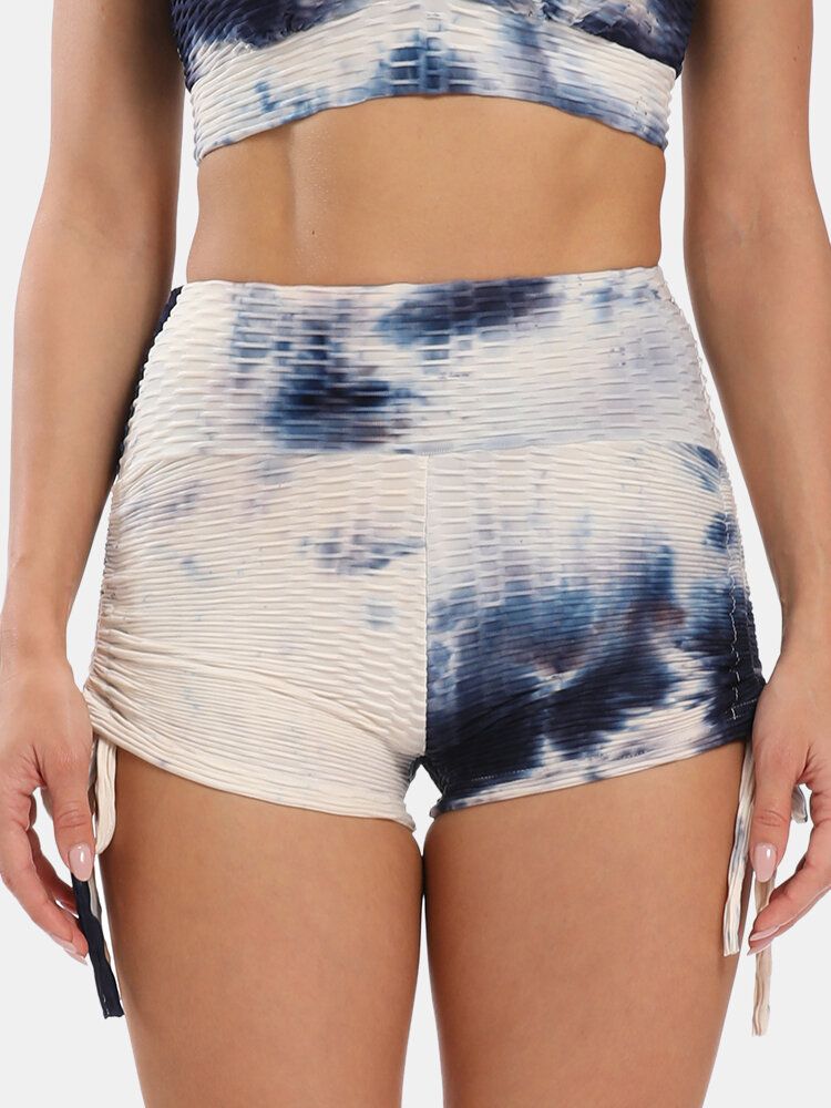 Mujeres Tie Dye Jacquard Side Drawstring Yoga Soprt Shorts De Cintura Alta