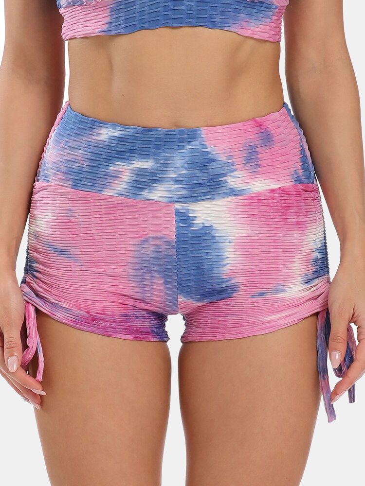 Mujeres Tie Dye Jacquard Side Drawstring Yoga Soprt Shorts De Cintura Alta