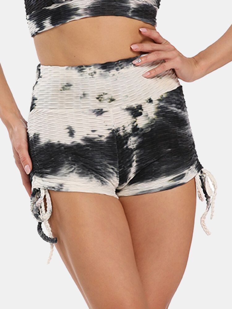 Mujeres Tie Dye Jacquard Side Drawstring Yoga Soprt Shorts De Cintura Alta