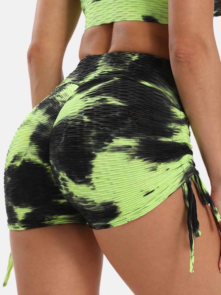 Mujeres Tie Dye Jacquard Side Drawstring Yoga Soprt Shorts De Cintura Alta