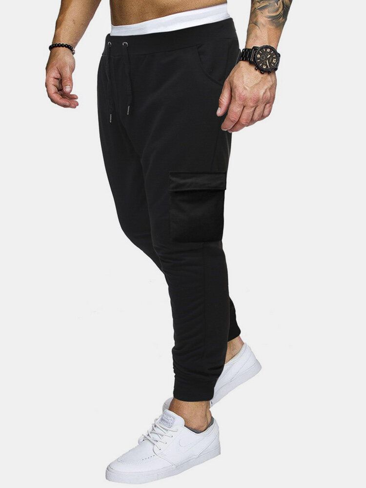 Pantalones De Chándal Con Cordón De Múltiples Bolsillos De Algodón De Color Sólido Para Hombre