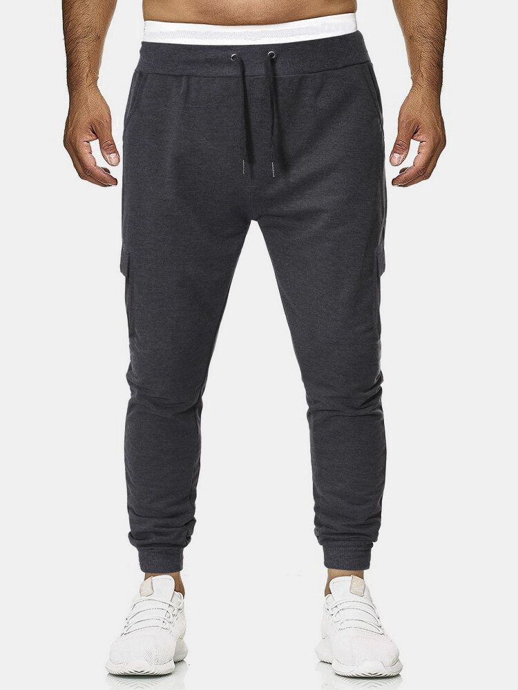 Pantalones De Chándal Con Cordón De Múltiples Bolsillos De Algodón De Color Sólido Para Hombre