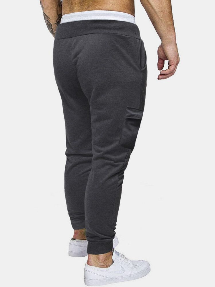 Pantalones De Chándal Con Cordón De Múltiples Bolsillos De Algodón De Color Sólido Para Hombre