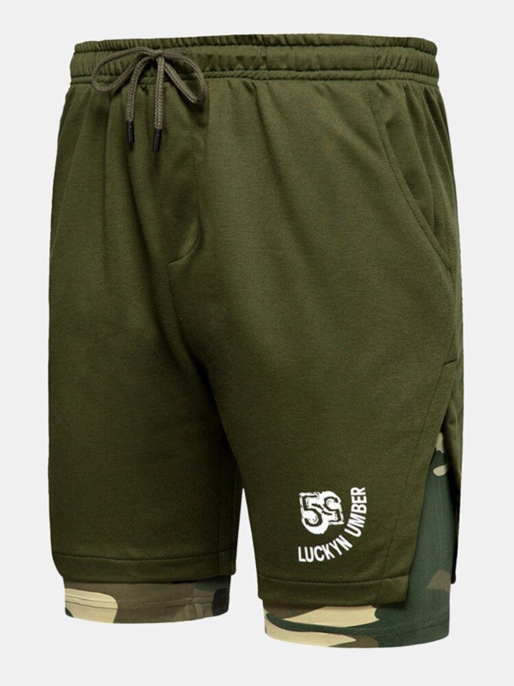 Pantalones Cortos Deportivos Casuales De Bolsillo Con Cremallera De Patchwork De Camuflaje Para Hombre