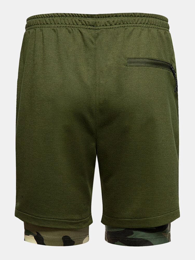 Pantalones Cortos Deportivos Casuales De Bolsillo Con Cremallera De Patchwork De Camuflaje Para Hombre