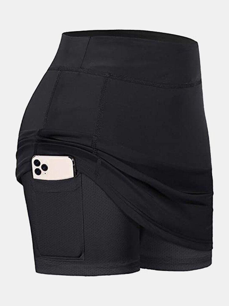 Pantalones Cortos Deportivos De Color Sólido Para Mujer Forro De Compresión Falda De Tenis Transpirable Con Bolsillo