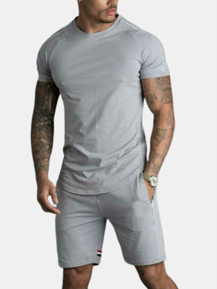 Pantalones Cortos Deportivos Con Bolsillo De Rayas De Costura De Manga Corta Para Hombre Traje De Chándal De Dos Piezas De Color Sólido